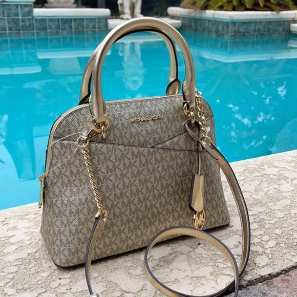 Michael Kors Jet Set Travel Medium Dome Crossbody Satchel Bag Pale Gold - Picture 6 of 16